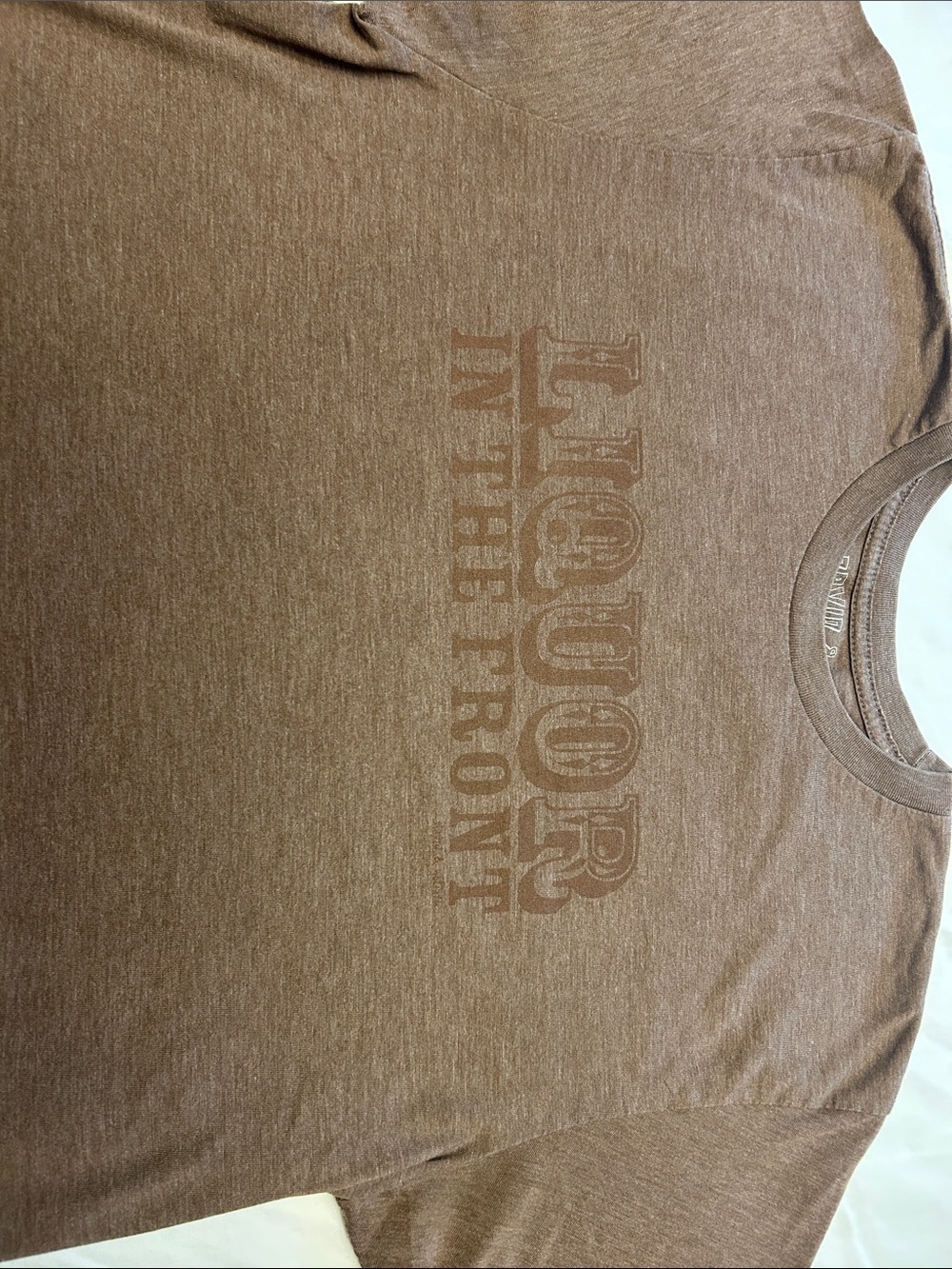 Classic Brown Funny Graphic T‑Shirt “Liquor in the Front” Unisex Size M